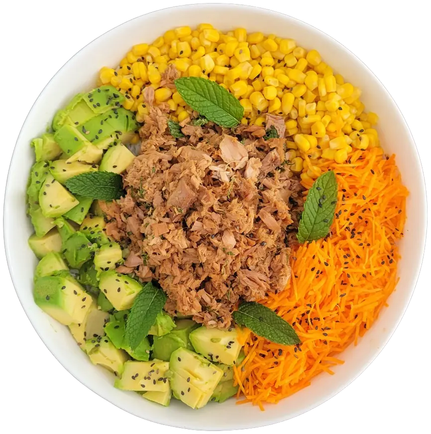 assiette composé de maïs avocat carotte et de thon mariné avec de la menthe